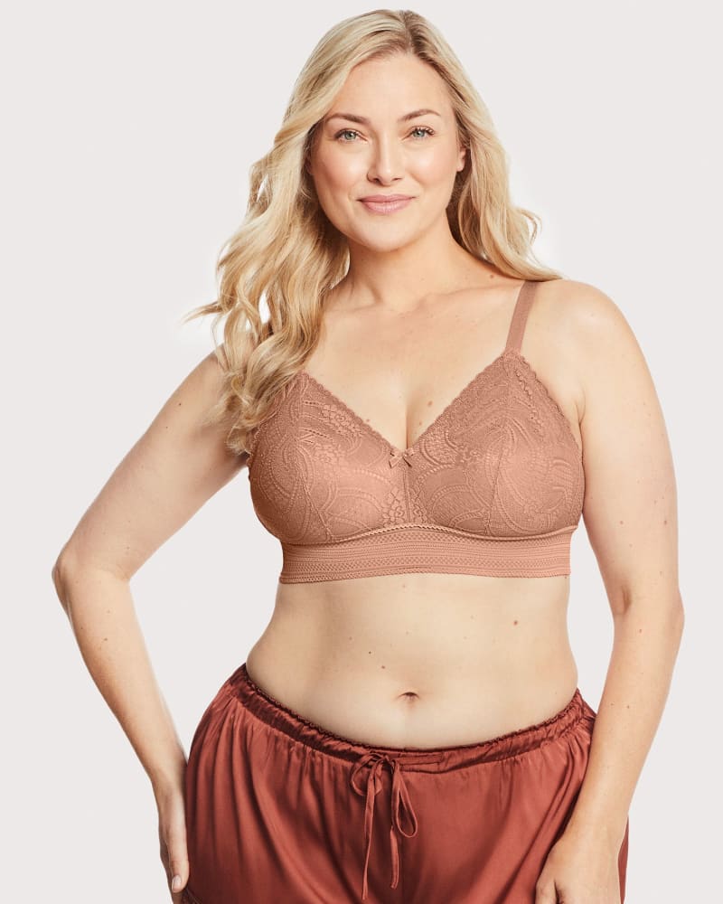 Front of a model wearing a size 38D Bramour Gramercy Luxe Lace Bralette in Cappuccino by Glamorise. | dia_product_style_image_id:260747